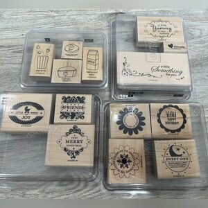 4 Sets Wooden Rubber Stamp Sets - food, treat bags, special tags, cards, crafts